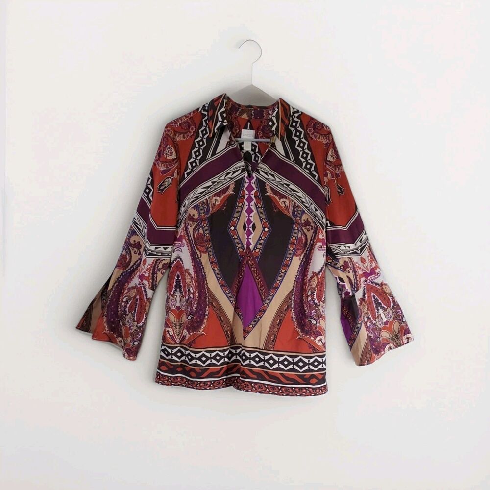 Chico's Sun Canyon Women's Blouse Tunic Bell Sleeve With Slits Size 1 (Medium)